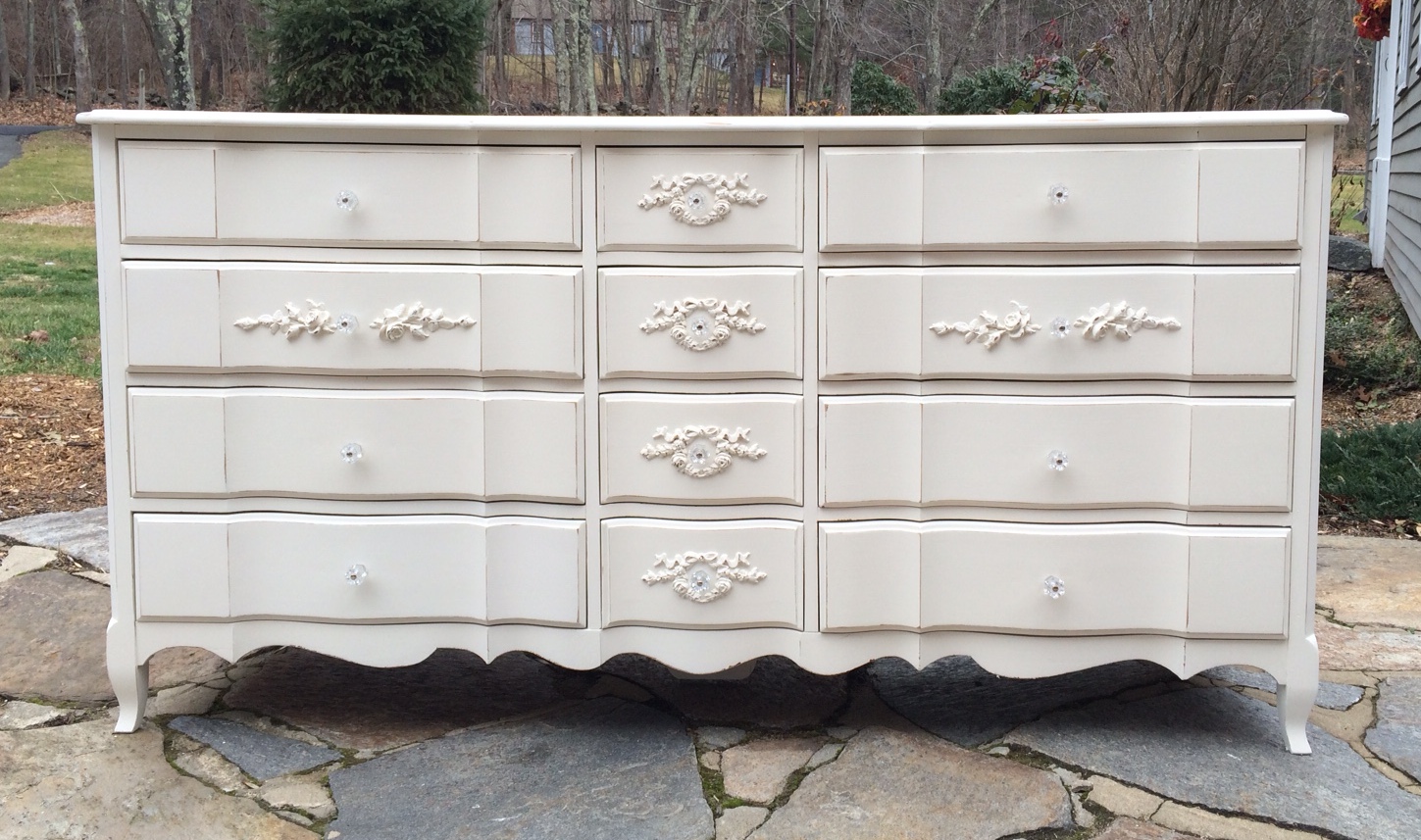 French Provincial triple dresser painted white