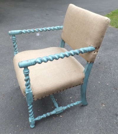 Painted teal wooden chair upholstered in burlap, beach cottage chic