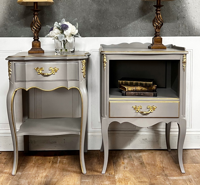 Mismatched shabby chic nightstands, greige